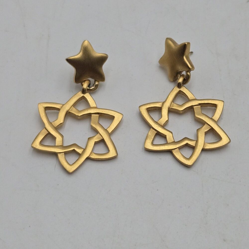 Vintage Anne Klein AK Matte Gold Tone Star Of David Dangle Pierced Earrings
